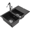 Mexen Gaspar 1.5-bowl granite sink with drainer and Flora kitchen tap, black/silver - 6507-73-670401-07