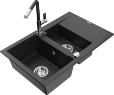 Mexen Gaspar granite sink 1.5-bowl with drainer and Flora kitchen faucet, black/silver - 6507-73-670401-07