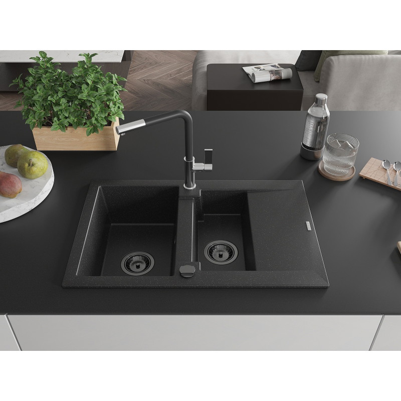 Mexen Gaspar granite sink 1.5-bowl with drainer and Flora kitchen faucet, black/silver - 6507-73-670401-07-B