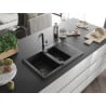 Mexen Gaspar 1.5-bowl granite sink with drainer and Flora kitchen faucet, black/silver - 6507-73-670401-07-B