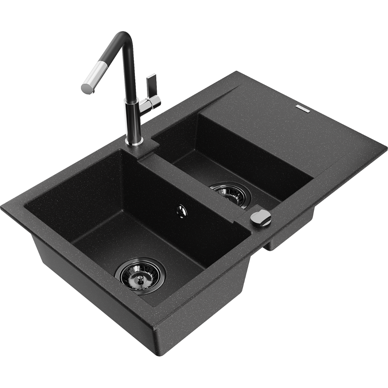 Mexen Gaspar granite kitchen sink 1.5-bowl with drainer and Flora kitchen tap, black/silver - 6507-73-670401-07-B