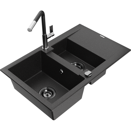 Mexen Gaspar 1.5-compartment granite sink with a drip tray and kitchen mixer tap Flora, Black/Silver - 6507-73-670401-07-B