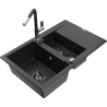 Mexen Gaspar 1.5-bowl granite sink with drainer and Flora kitchen faucet, black/silver - 6507-73-670401-07-B
