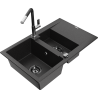 Mexen Gaspar 1.5-compartment granite sink with a drip tray and kitchen mixer tap Flora, Black/Silver - 6507-73-670401-07-B