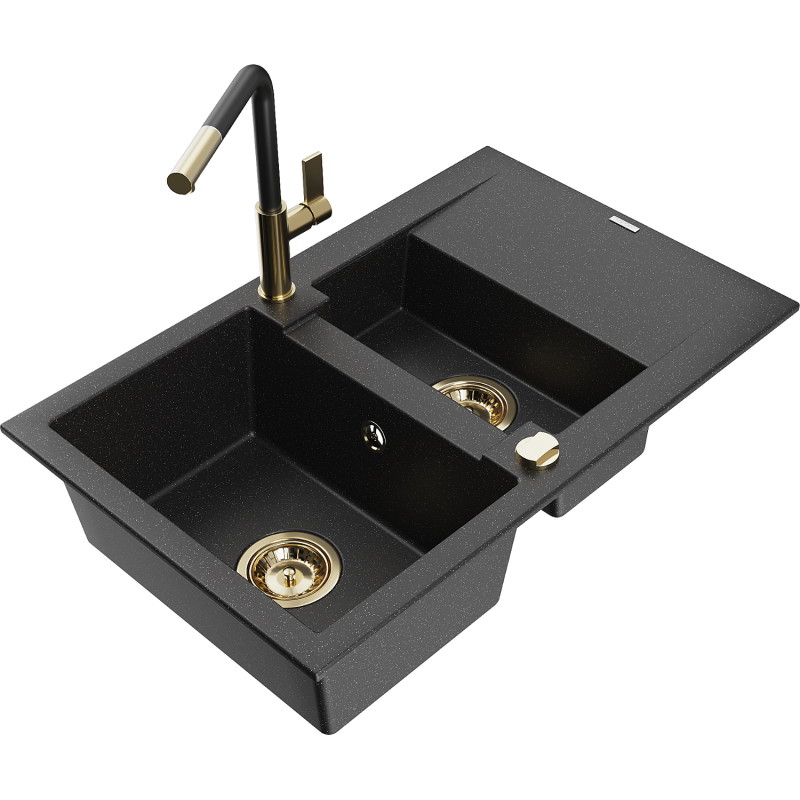 Mexen Gaspar 1.5-bowl granite sink with drainer and Flora kitchen faucet, black/silver - 6507-73-670401-57-G