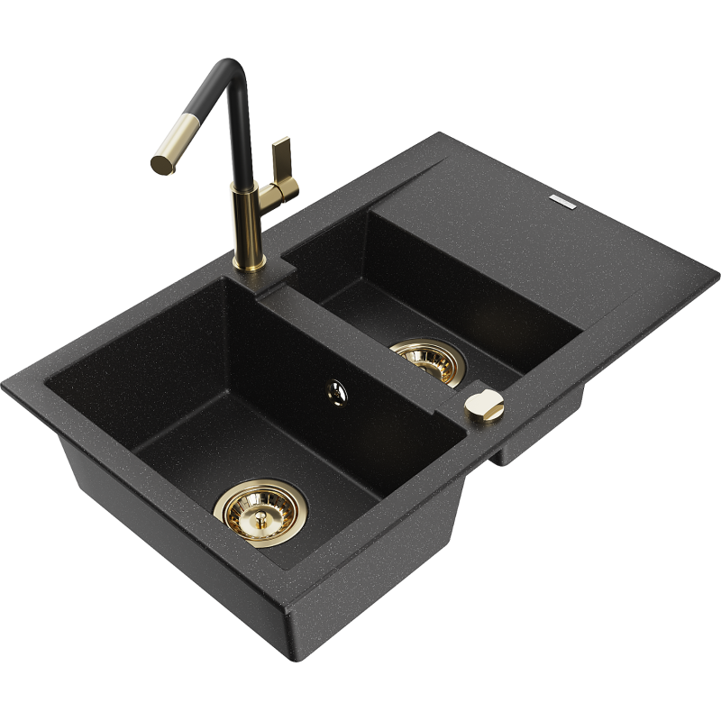 Mexen Gaspar 1.5-compartment granite sink with a drip tray and kitchen mixer tap Flora, Black/Silver - 6507-73-670401-57-G