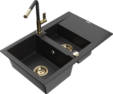 Mexen Gaspar 1.5-bowl granite sink with drainer and Flora kitchen faucet, black/silver - 6507-73-670401-57-G