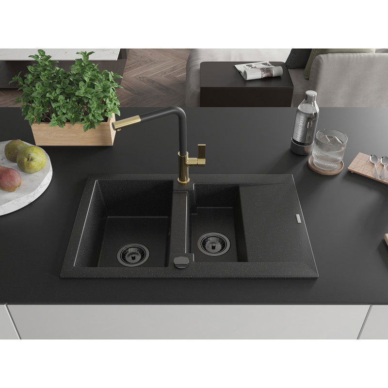 Mexen Gaspar granite sink 1.5-bowl with drainer and Flora kitchen tap, black/silver - 6507-73-670401-57-B