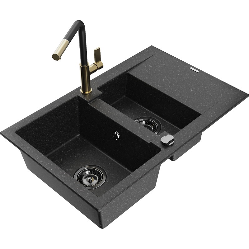 Mexen Gaspar granite sink 1.5-bowl with drainer and Flora kitchen faucet, black/silver - 6507-73-670401-57-B