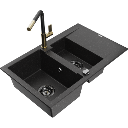 Mexen Gaspar granite kitchen sink 1.5-bowl with drainer and Flora kitchen faucet, black/silver - 6507-73-670401-57-B