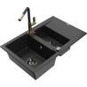 Mexen Gaspar granite sink 1.5-bowl with drainer and Flora kitchen tap, black/silver - 6507-73-670401-57-B