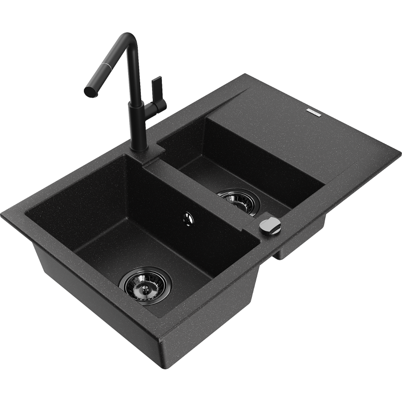 Mexen Gaspar 1.5-compartment granite sink with a drip tray and kitchen mixer tap Flora, Black/Silver - 6507-73-670401-70-B