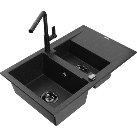 Mexen Gaspar 1.5-compartment granite sink with a drip tray and kitchen mixer tap Flora, Black/Silver - 6507-73-670401-70-B