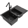 Mexen Gaspar granite sink 1.5-bowl with drainer and Flora kitchen faucet, black/silver - 6507-73-670401-70-B