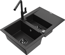 Mexen Gaspar 1.5-compartment granite sink with a drip tray and kitchen mixer tap Flora, Black/Silver - 6507-73-670401-70-B