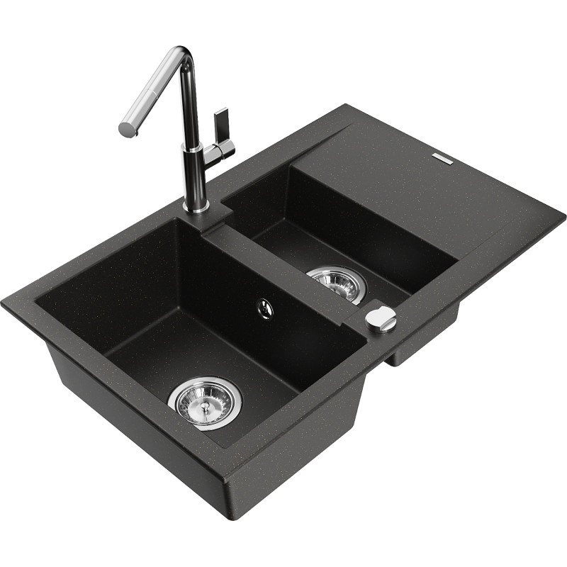 Mexen Gaspar granite sink 1.5-bowl with drainer and Flora kitchen faucet, black/gold metallic - 6507-75-670401-00
