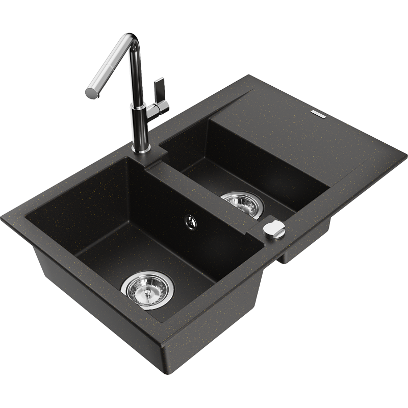 Mexen Gaspar granite sink 1.5-bowl with drainer and Flora kitchen tap, black/gold metallic - 6507-75-670401-00