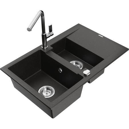 Mexen Gaspar granite sink 1.5-bowl with drainer and Flora kitchen faucet, black/gold metallic - 6507-75-670401-00