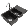 Mexen Gaspar 1.5-compartment granite sink with a drip tray and kitchen mixer tap Flora, Black/Gold metallic - 6507-75-670401-00