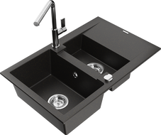 Mexen Gaspar granite sink 1.5-bowl with drainer and Flora kitchen faucet, black/gold metallic - 6507-75-670401-00