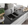 Mexen Gaspar 1.5-bowl granite sink with drainer and Flora kitchen faucet, black/gold metallic - 6507-75-670401-07