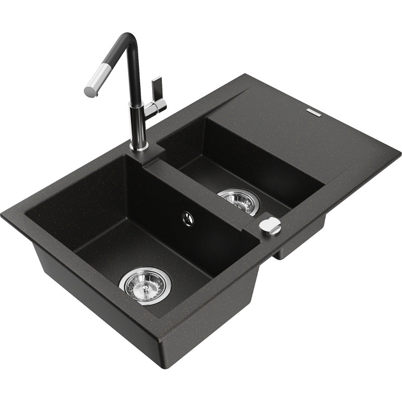 Mexen Gaspar 1.5-bowl granite sink with drainer and Flora kitchen faucet, black/gold metallic - 6507-75-670401-07