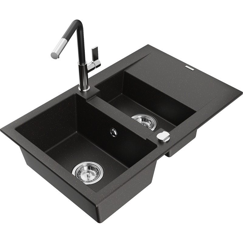 Mexen Gaspar 1.5-Bowl Granite Sink with Drainer and Flora Kitchen Tap, Black/Gold Metallic - 6507-75-670401-07