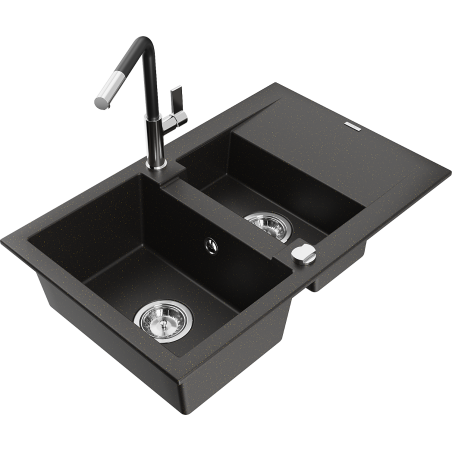 Mexen Gaspar 1.5-Bowl Granite Sink with Drainer and Flora Kitchen Tap, Black/Gold Metallic - 6507-75-670401-07