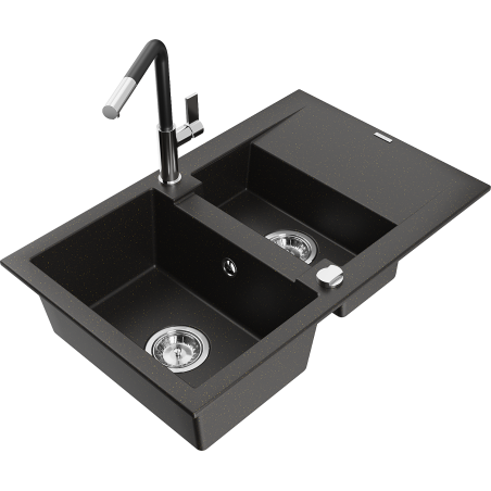 Mexen Gaspar granite sink 1.5-bowl with drainer and Flora kitchen faucet, black/gold metallic - 6507-75-670401-07