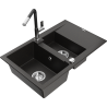 Mexen Gaspar 1.5-bowl granite sink with drainer and Flora kitchen faucet, black/gold metallic - 6507-75-670401-07
