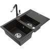 Mexen Gaspar granite sink 1.5-bowl with drainer and Flora kitchen faucet, black/gold metallic - 6507-75-670401-07