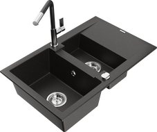 Mexen Gaspar 1.5-bowl granite sink with drainer and Flora kitchen faucet, black/gold metallic - 6507-75-670401-07