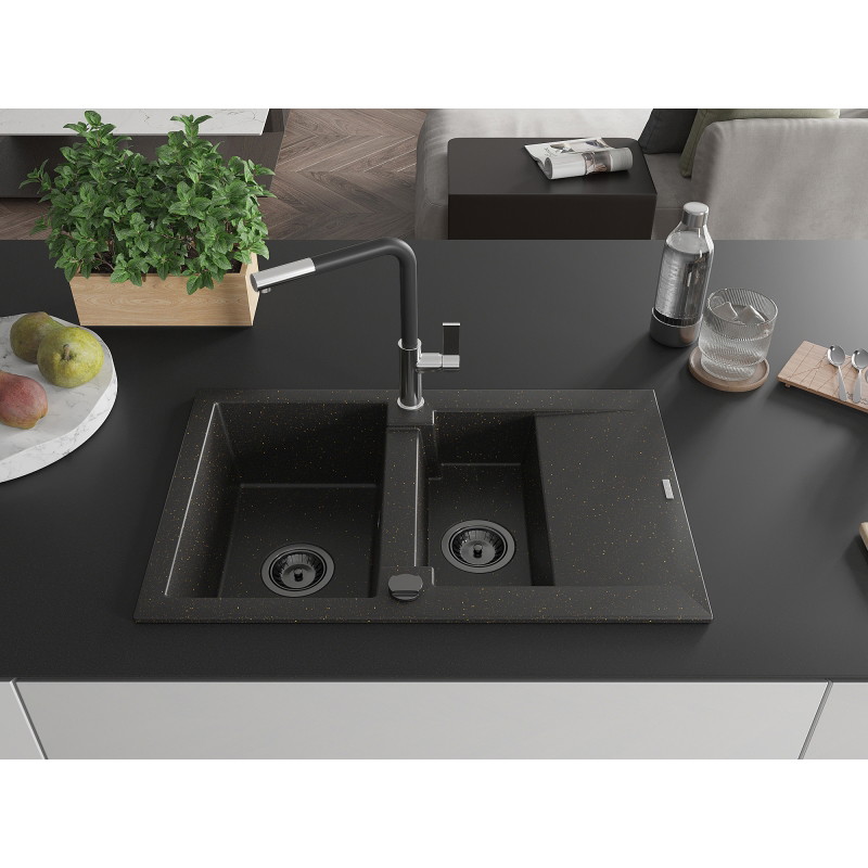 Mexen Gaspar granite sink 1.5-bowl with drainer and Flora kitchen faucet, black/gold - 6507-75-670401-07-B