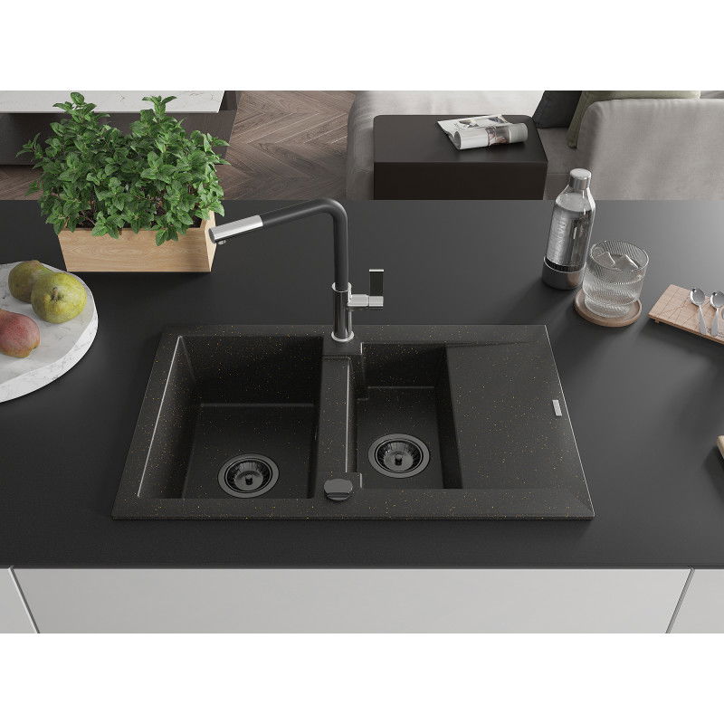 Mexen Gaspar granite sink 1.5-bowl with drainer and Flora kitchen tap, black/gold - 6507-75-670401-07-B