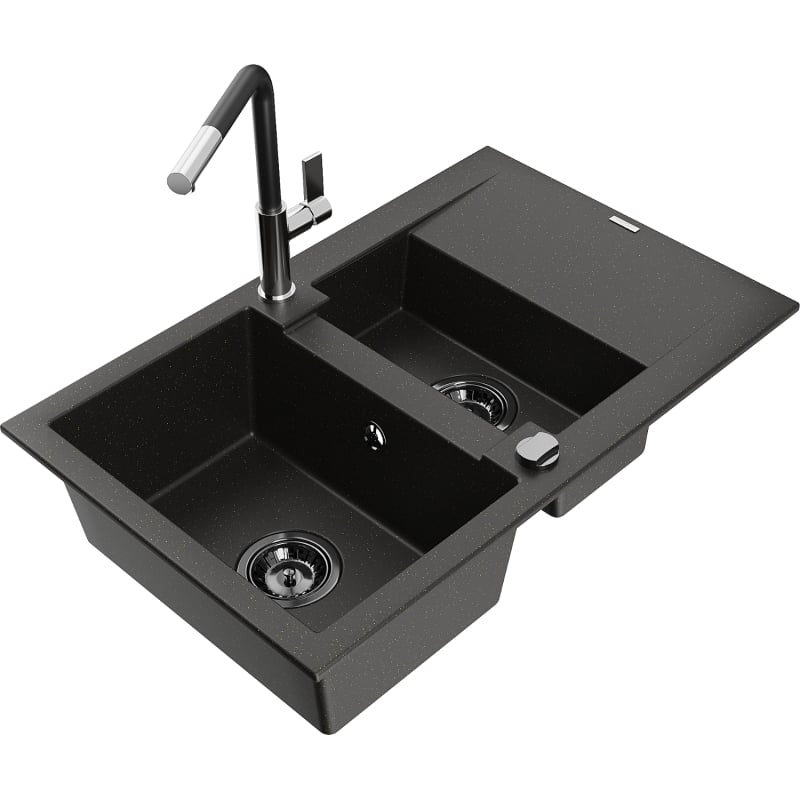 Mexen Gaspar granite sink 1.5-bowl with drainer and Flora kitchen faucet, black/gold - 6507-75-670401-07-B