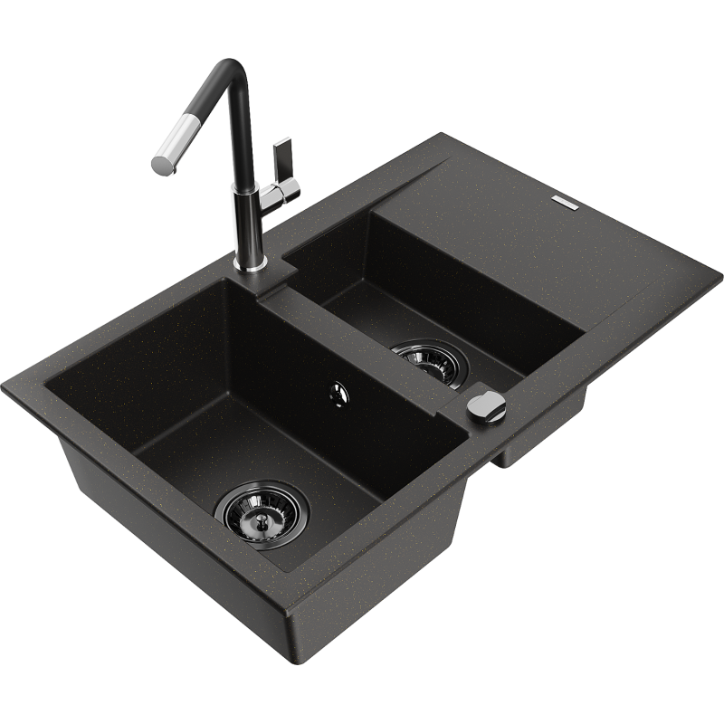 Mexen Gaspar granite sink 1.5-bowl with drainer and Flora kitchen tap, black/gold - 6507-75-670401-07-B