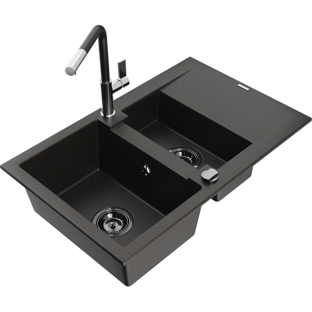 Mexen Gaspar granite sink 1.5-bowl with drainer and Flora kitchen faucet, black/gold - 6507-75-670401-07-B