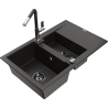 Mexen Gaspar granite sink 1.5-bowl with drainer and Flora kitchen faucet, black/gold - 6507-75-670401-07-B
