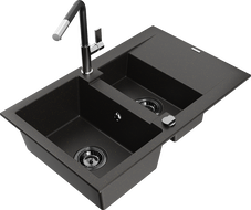 Mexen Gaspar 1.5-compartment granite sink with a drip tray and kitchen mixer tap Flora, Black/Gold - 6507-75-670401-07-B