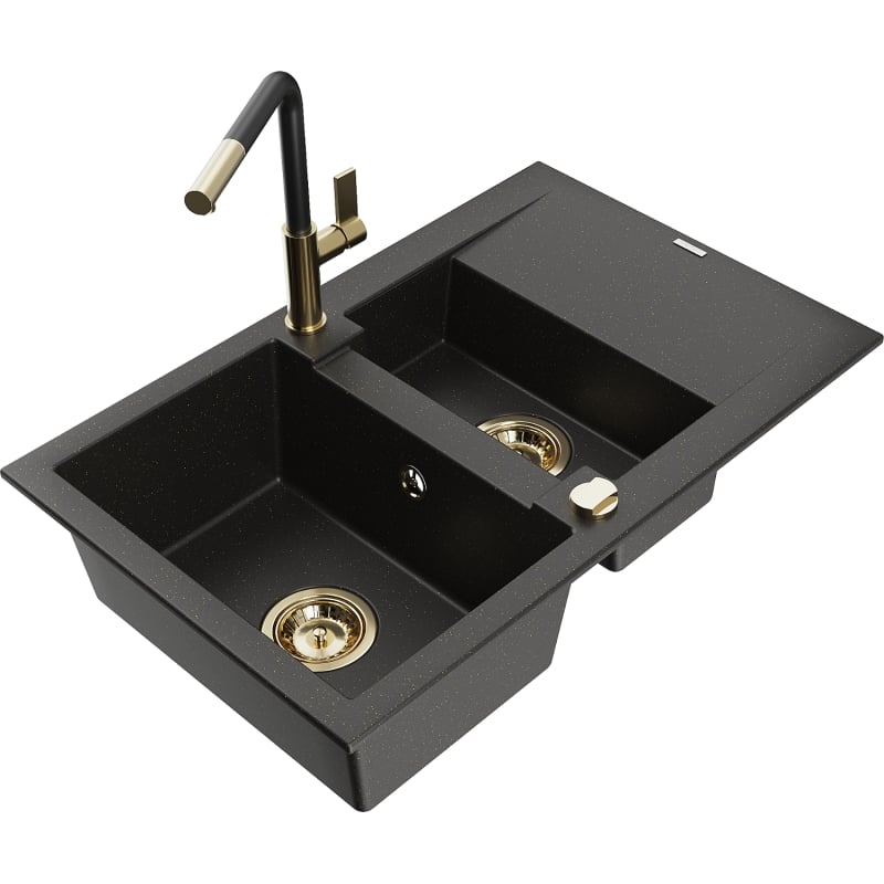 Mexen Gaspar 1.5-Bowl Granite Sink with Drainer and Kitchen Faucet Flora, Black/Gold - 6507-75-670401-57-G