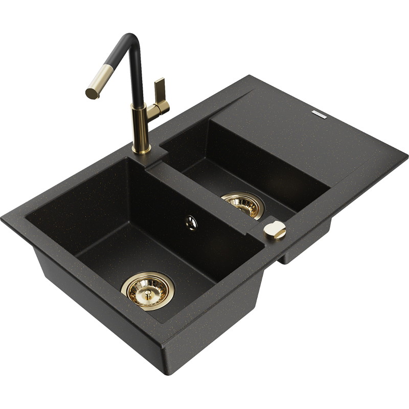 Mexen Gaspar granite kitchen sink 1.5-bowl with drainer and Flora faucet, black/gold - 6507-75-670401-57-G