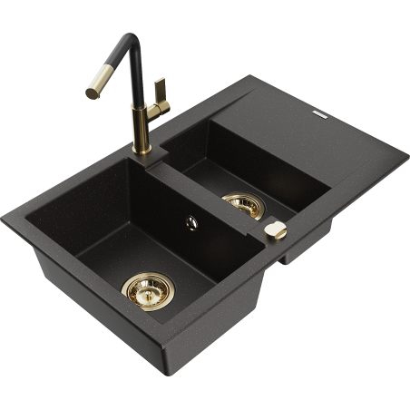 Mexen Gaspar granite kitchen sink 1.5-bowl with drainer and Flora faucet, black/gold - 6507-75-670401-57-G