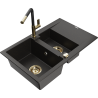 Mexen Gaspar granite kitchen sink 1.5-bowl with drainer and Flora faucet, black/gold - 6507-75-670401-57-G