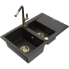 Mexen Gaspar granite sink 1.5-bowl with drainer and Flora kitchen tap, black/gold - 6507-75-670401-57-G