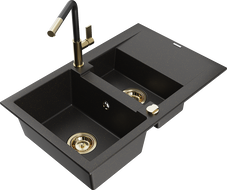 Mexen Gaspar 1.5-Bowl Granite Sink with Drainer and Kitchen Faucet Flora, Black/Gold - 6507-75-670401-57-G