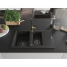 Mexen Gaspar granite sink 1.5-bowl with drainer and Flora kitchen faucet, black/gold - 6507-75-670401-57-B