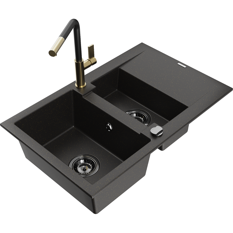 Mexen Gaspar 1.5-compartment granite sink with a drip tray and kitchen mixer tap Flora, Black/Gold - 6507-75-670401-57-B