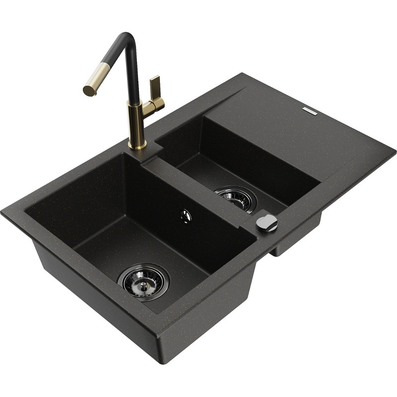 Mexen Gaspar granite sink 1.5-bowl with drainer and Flora kitchen faucet, black/gold - 6507-75-670401-57-B