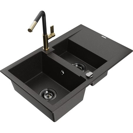 Mexen Gaspar granite sink 1.5-bowl with drainer and Flora kitchen faucet, black/gold - 6507-75-670401-57-B