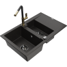 Mexen Gaspar 1.5-Bowl Granite Sink with Drainer and Flora Kitchen Faucet, Black/Gold - 6507-75-670401-57-B